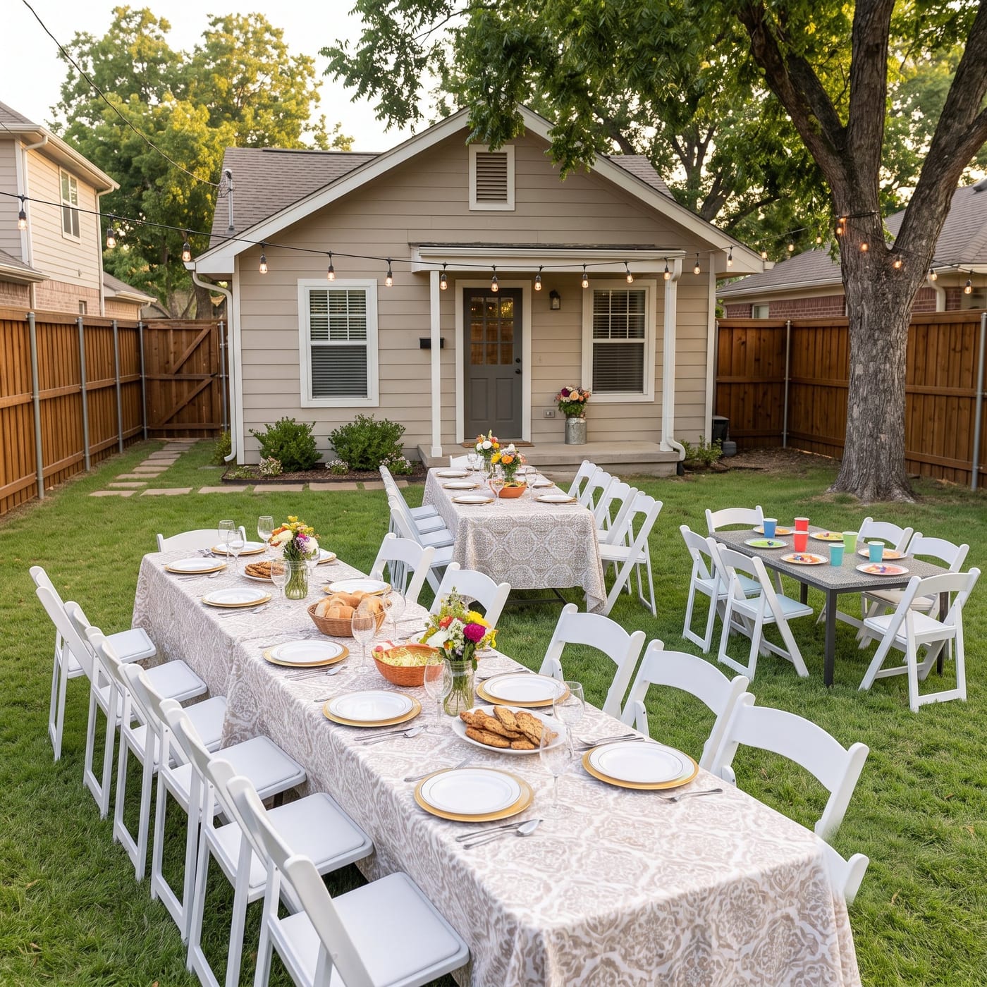 Elegant dinner table setup with rented tables and chairs